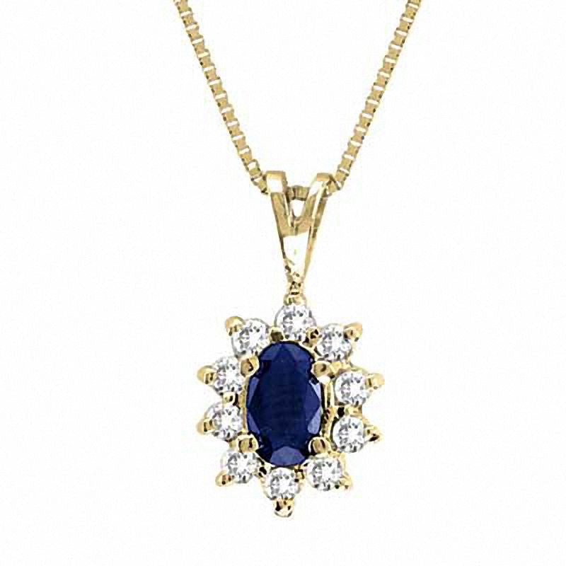 Oval Blue Sapphire and 0.13 CT. T.W. Natural Diamond Pendant in 14K Gold - 16