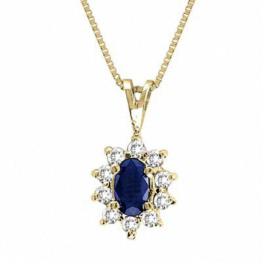Oval Blue Sapphire and 0.13 CT. T.W. Natural Diamond Pendant in 14K Gold - 16