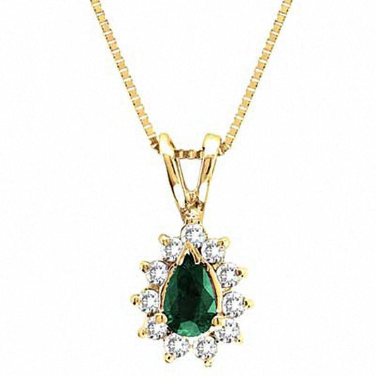 Pear-Shaped Emerald and 0.13 CT. T.W. Natural Diamond Pendant in 14K Gold - 16