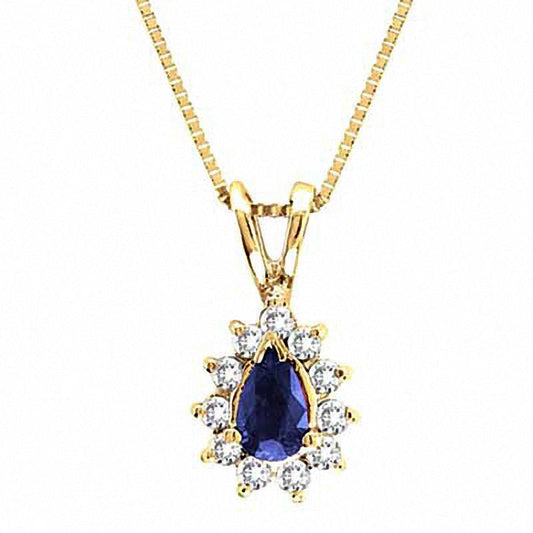 Pear-Shaped Blue Sapphire and 0.13 CT. T.W. Natural Diamond Pendant in 14K Gold - 16