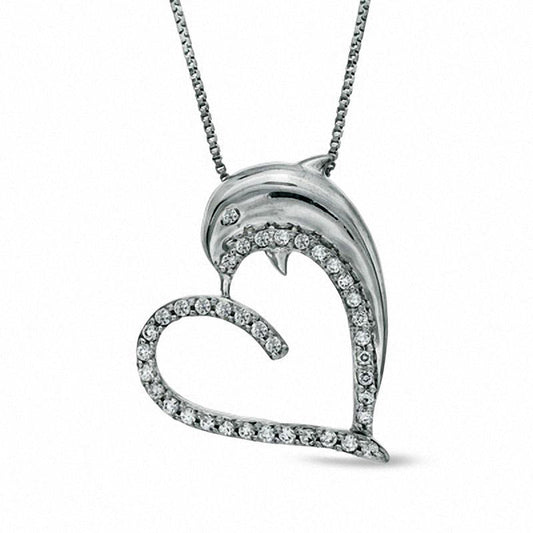 0.25 CT. T.W. Natural Diamond Dolphin Heart Pendant in Sterling Silver