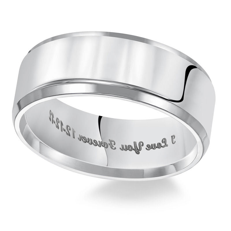 Men's 8.0mm Engraved Comfort Fit Wedding Band in Solid 14K White Gold (25 Characters)