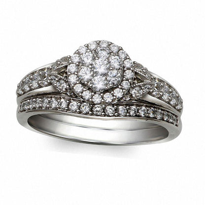0.75 CT. T.W. Natural Diamond Cluster Antique Vintage-Style Bridal Engagement Ring Set in Solid 10K White Gold