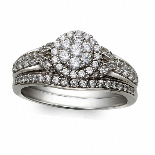 0.75 CT. T.W. Natural Diamond Cluster Antique Vintage-Style Bridal Engagement Ring Set in Solid 10K White Gold