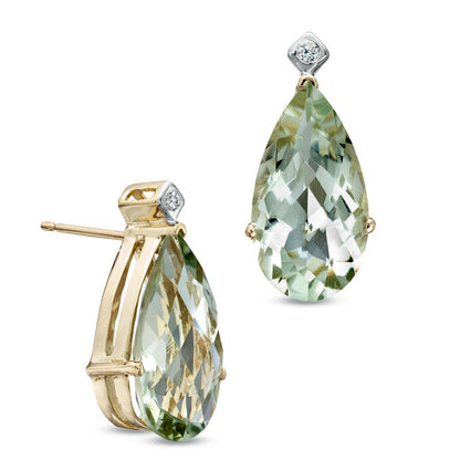Pear-Shaped Green Quartz and Diamond Accent Earrings in 10K Gold