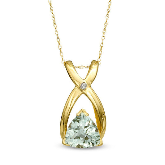 8.0mm Trillion-Cut Green Quartz and Natural Diamond Accent Wishbone Pendant in 10K Yellow Gold