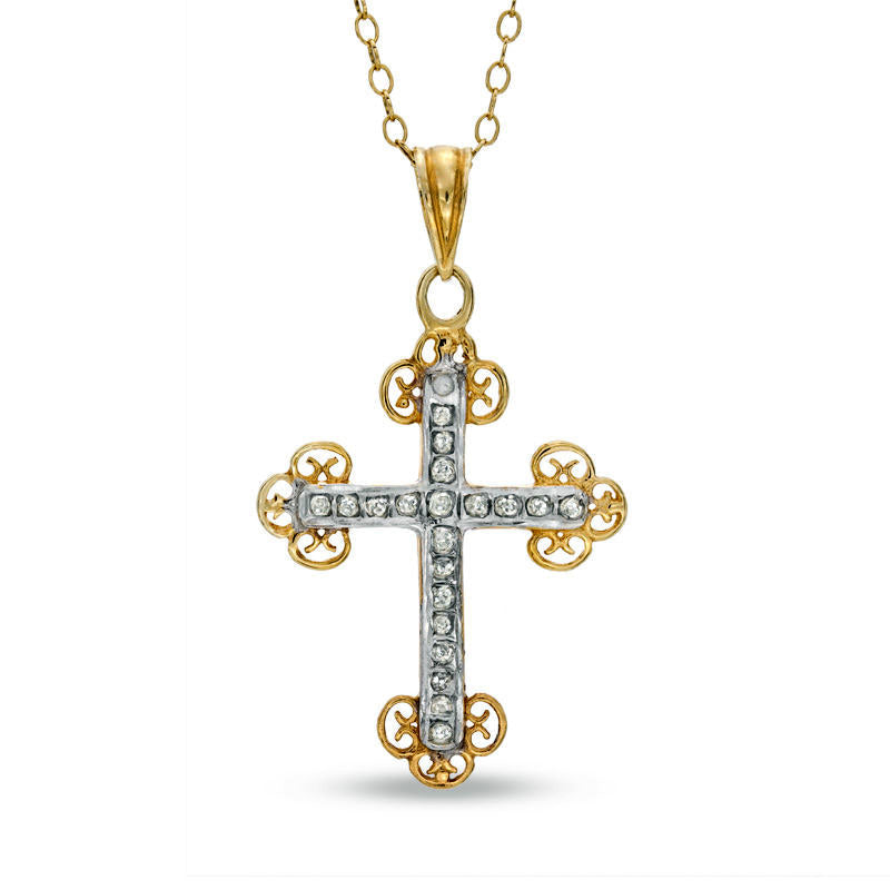 Natural Diamond FascinationÖ Antique Vintage-Style Cross Pendant in Sterling Silver and 18K Gold Plate