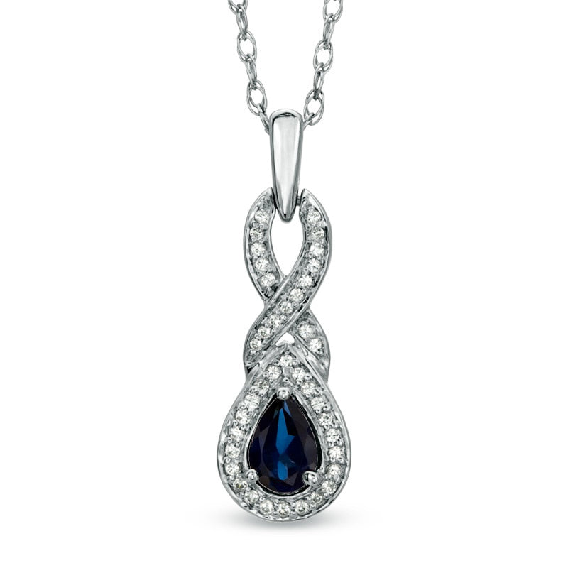 Pear-Shaped Lab-Created Blue Sapphire and 0.1 CT. T.W. Diamond Cascading Pendant in Sterling Silver