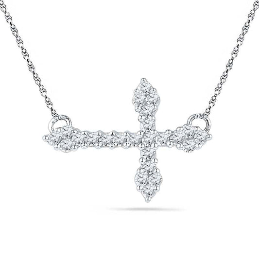Lab-Created White Sapphire Sideways Cross Necklace in Sterling Silver