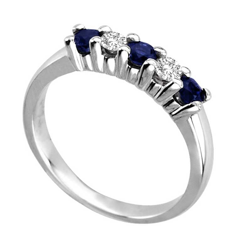 Blue Sapphire and 0.20 CT. T.W. Natural Diamond Five Stone Band in Solid 14K White Gold