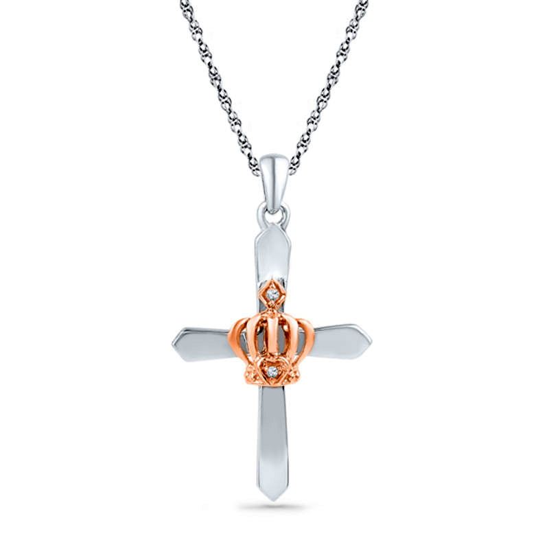 Natural Diamond Accent Cross with Crown Pendant in Sterling Silver and 10K Rose Gold