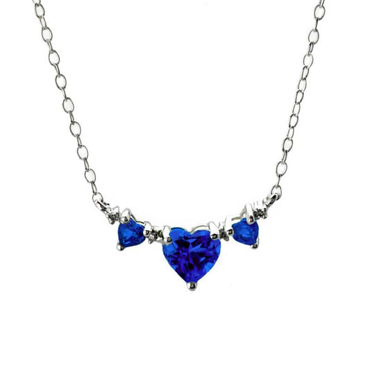 Heart-Shaped Lab-Created Blue Sapphire and Diamond Accent Three Stone Necklace in Sterling Silver