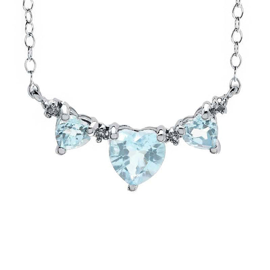 Heart-Shaped Aquamarine and Natural Diamond Accent Three Stone Necklace in Sterling Silver