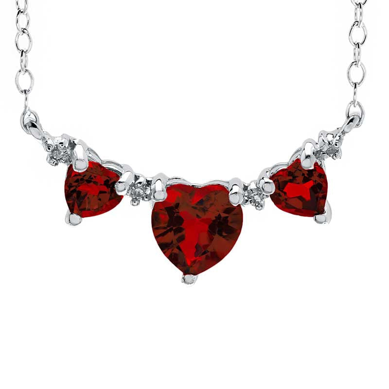 Heart-Shaped Garnet and Natural Diamond Accent Three Stone Necklace in Sterling Silver