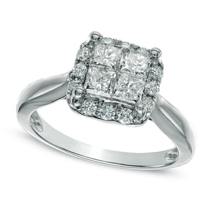 1.0 CT. T.W. Quad Princess-Cut Natural Diamond Frame Engagement Ring in Solid 14K White Gold