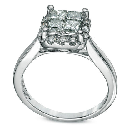 1.0 CT. T.W. Quad Princess-Cut Natural Diamond Frame Engagement Ring in Solid 14K White Gold