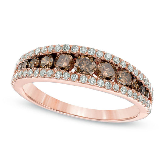 1.0 CT. T.W. Champagne and White Natural Diamond Edge Anniversary Band in Solid 14K Rose Gold