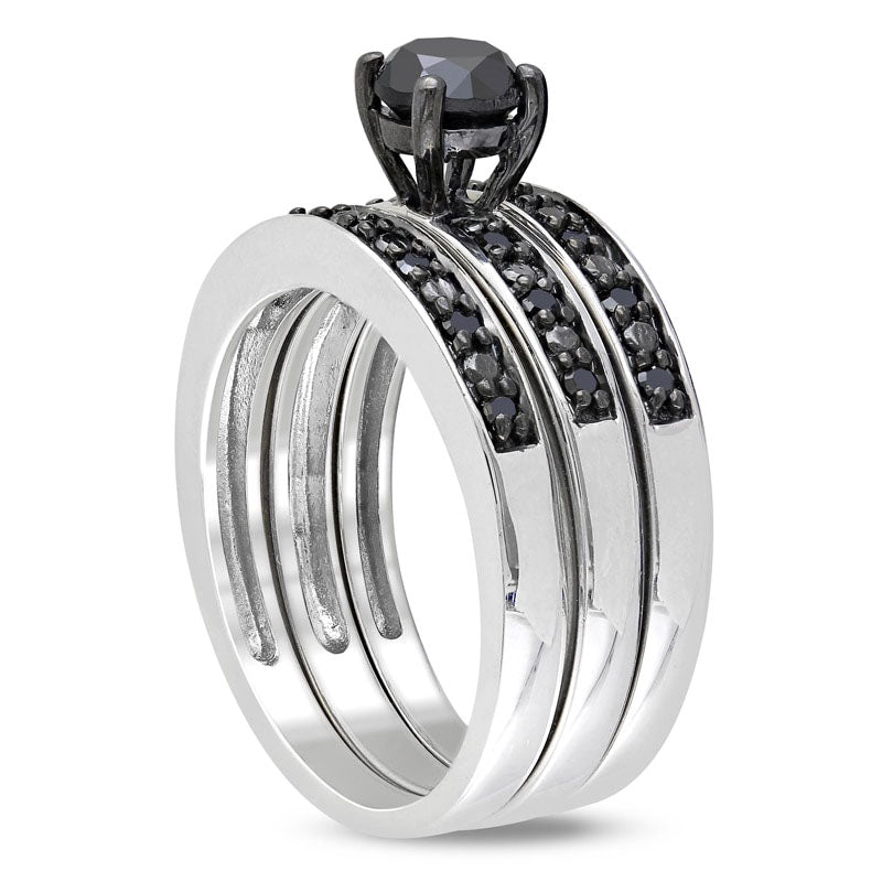 1.0 CT. T.W. Enhanced Black Natural Diamond Three Piece Bridal Engagement Ring Set in Sterling Silver