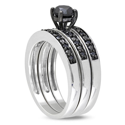 1.0 CT. T.W. Enhanced Black Natural Diamond Three Piece Bridal Engagement Ring Set in Sterling Silver