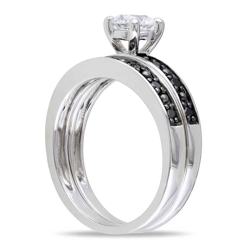 5.0mm Lab-Created White Sapphire and 0.20 CT. T.W. Enhanced Black Diamond Bridal Engagement Ring Set in Sterling Silver