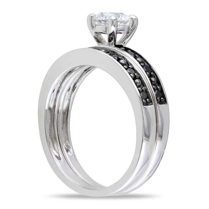 5.0mm Lab-Created White Sapphire and 0.20 CT. T.W. Enhanced Black Diamond Bridal Engagement Ring Set in Sterling Silver
