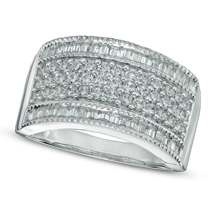 1.0 CT. T.W. Baguette and Round Natural Diamond Multi-Row Band in Solid 10K White Gold