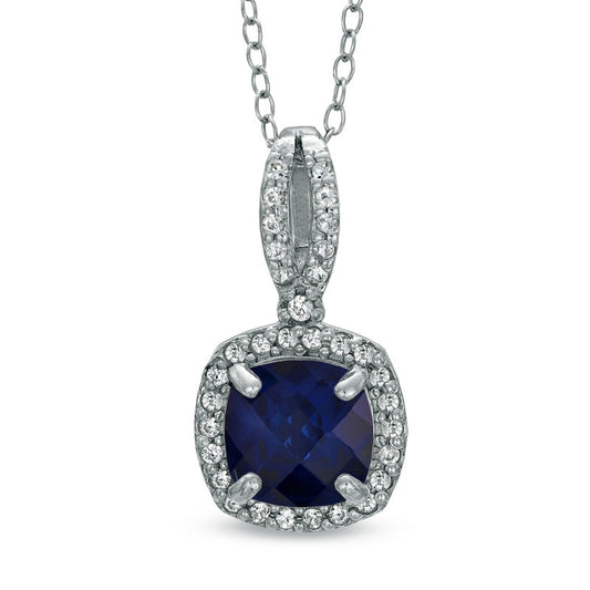 7.0mm Cushion-Cut Lab-Created Blue and White Sapphire Pendant in Sterling Silver