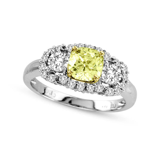 1.25 CT. T.W. Fancy Yellow Radiant-Cut and White Natural Diamond Frame Ring in Solid 18K White Gold (SI1)