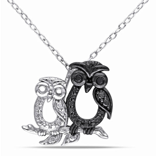 Enhanced Black Natural Diamond Accent Motherly Owl Pendant in Sterling Silver with Beaded Black Rhodium