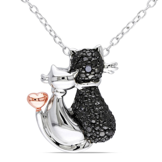 Enhanced Black Natural Diamond Accent Loving Cats Pendant in Two-Tone Sterling Silver with Beaded Black Rhodium