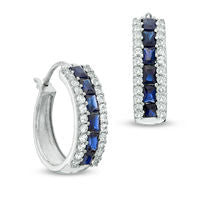 Emerald-Cut Lab-Created Blue and White Sapphire Hoop Earrings in Sterling Silver
