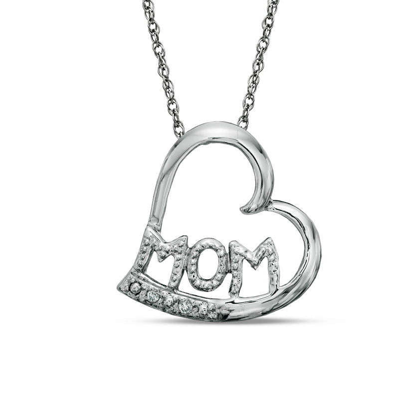 Natural Diamond Accent Tilted Heart with MOM" Pendant in 10K White Gold"