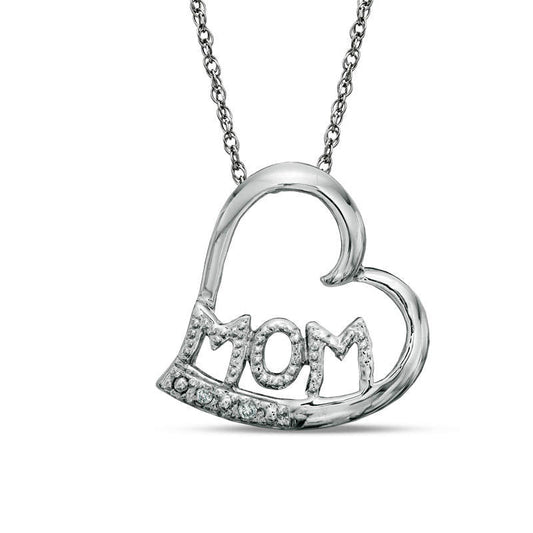 Natural Diamond Accent Tilted Heart with MOM" Pendant in 10K White Gold"