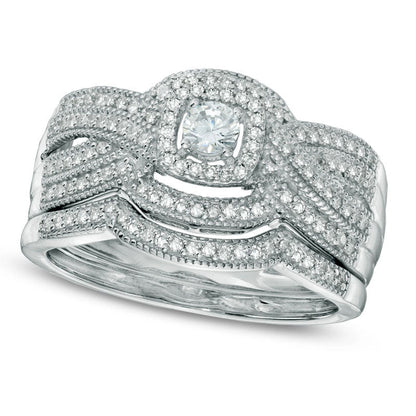 0.50 CT. T.W. Natural Diamond Layered Antique Vintage-Style Frame Bridal Engagement Ring Set in Solid 14K White Gold