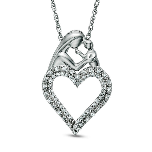 0.25 CT. T.W. Natural Diamond Motherly Love Double Row Heart Pendant in Sterling Silver