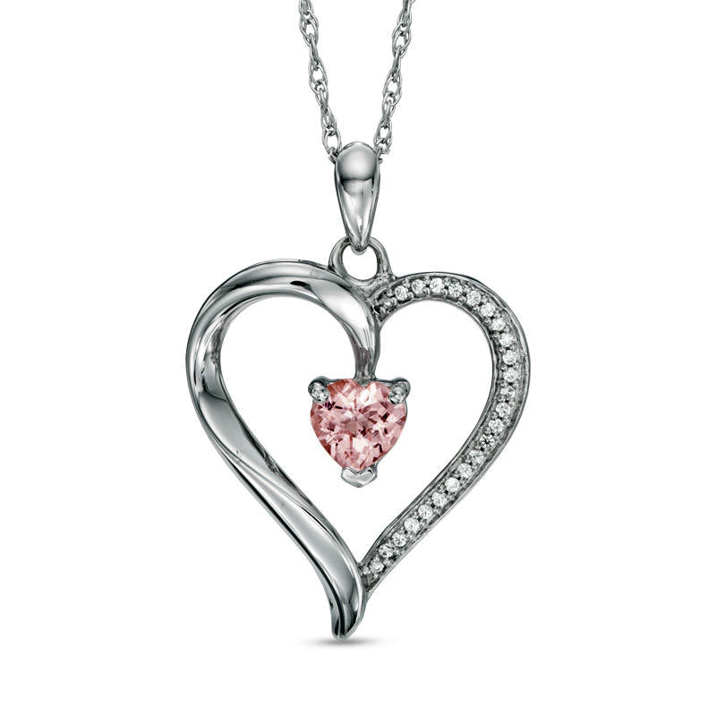 5.0mm Heart-Shaped Morganite and 0.07 CT. T.W. Natural Diamond Heart Pendant in Sterling Silver