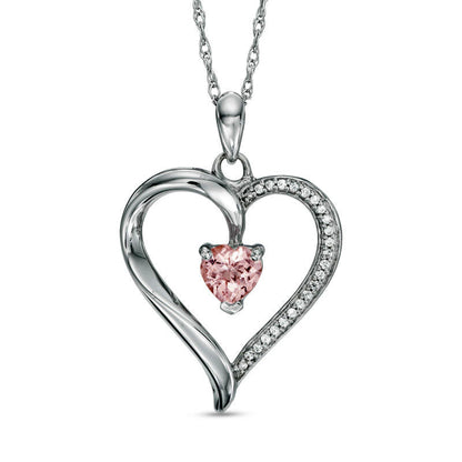 5.0mm Heart-Shaped Morganite and 0.07 CT. T.W. Natural Diamond Heart Pendant in Sterling Silver