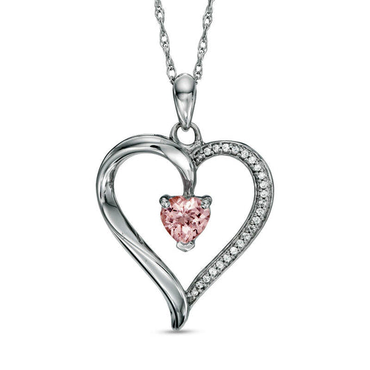 5.0mm Heart-Shaped Morganite and 0.07 CT. T.W. Natural Diamond Heart Pendant in Sterling Silver