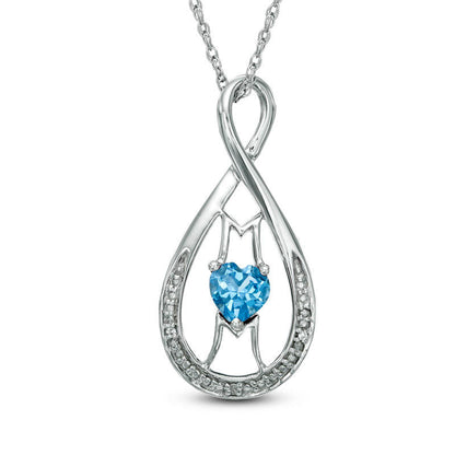 5.0mm Heart-Shaped Blue Topaz and Natural Diamond Accent MOM" Infinity Pendant in Sterling Silver"