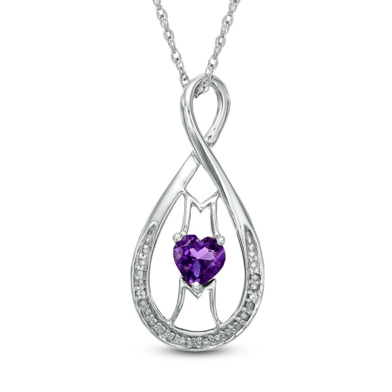 5.0mm Heart-Shaped Amethyst and Natural Diamond Accent MOM" Infinity Pendant in Sterling Silver"