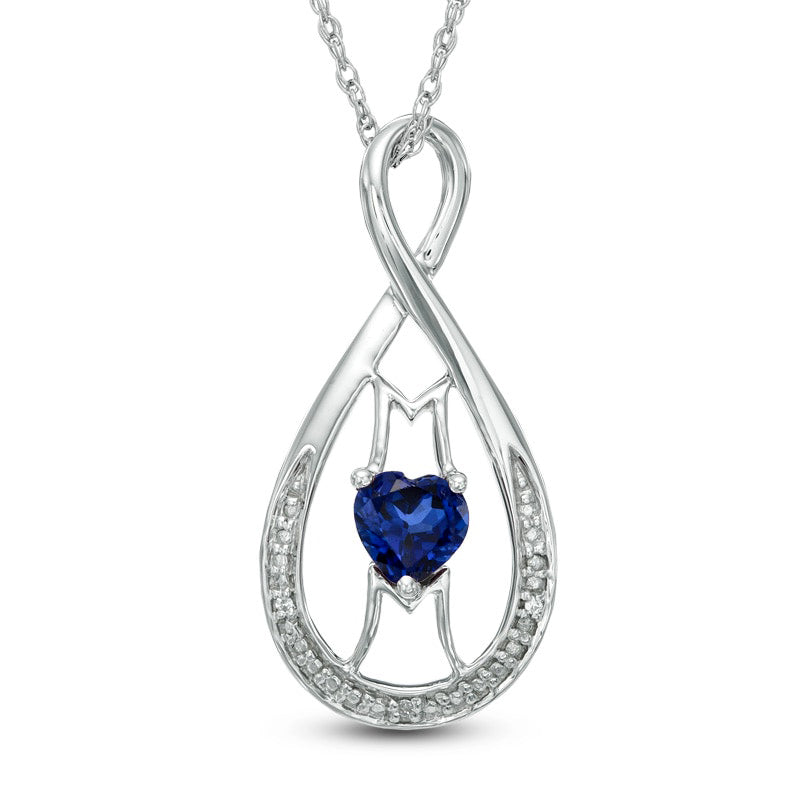 5.0mm Heart-Shaped Lab-Created Blue Sapphire and Diamond Accent MOM" Infinity Pendant in Sterling Silver"