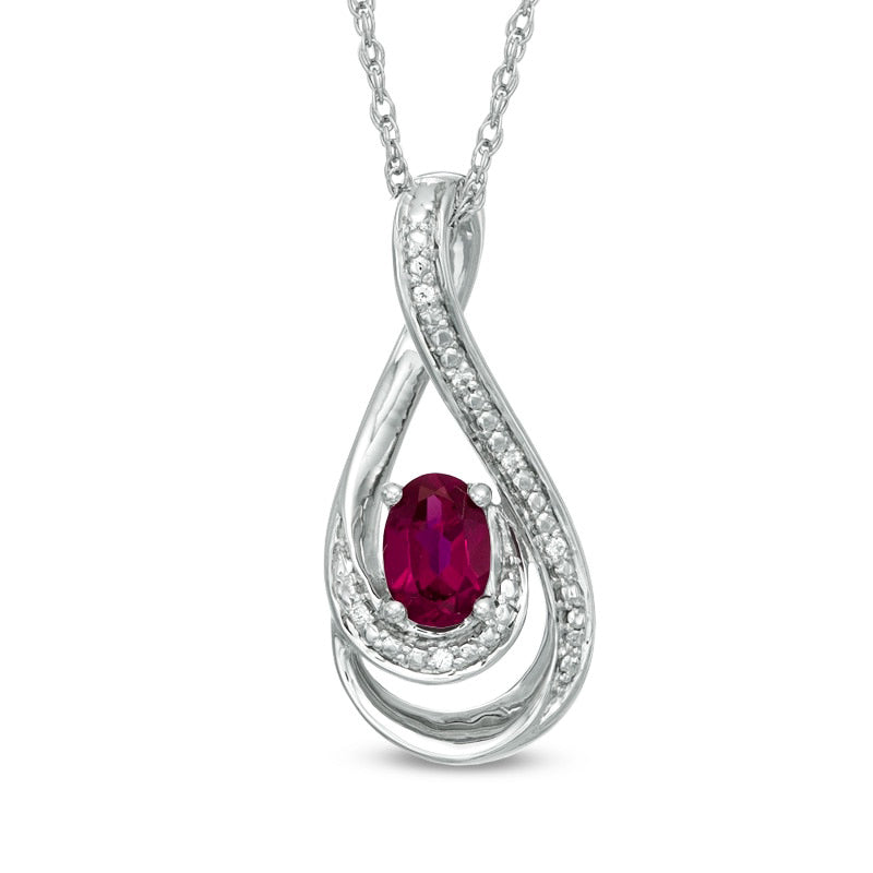 Oval Lab-Created Ruby and Diamond Accent Loop Pendant in Sterling Silver