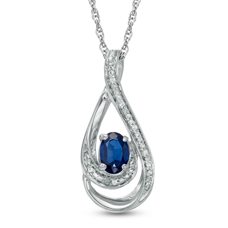 Oval Lab-Created Blue Sapphire and Diamond Accent Loop Pendant in Sterling Silver