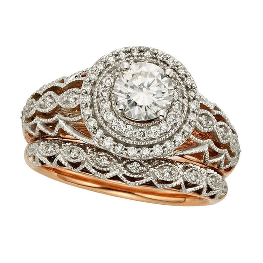 0.88 CT. T.W. Certified Natural Diamond Frame Lace Bridal Engagement Ring Set in Solid 14K Two-Tone Gold (I/I1)