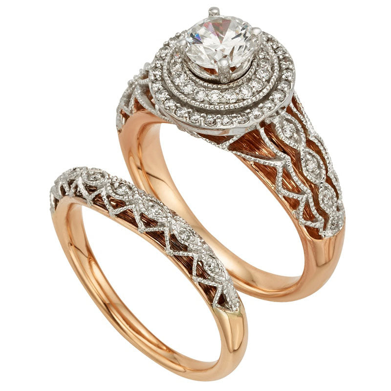 0.88 CT. T.W. Certified Natural Diamond Frame Lace Bridal Engagement Ring Set in Solid 14K Two-Tone Gold (I/I1)
