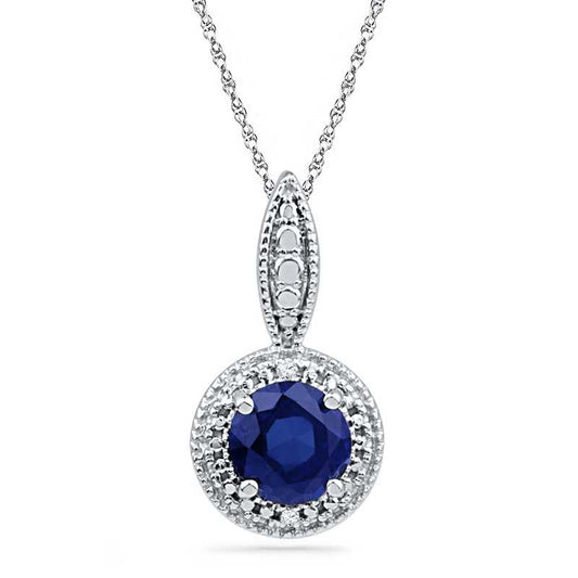 6.5mm Lab-Created Blue Sapphire and Diamond Accent Frame Pendant in Sterling Silver