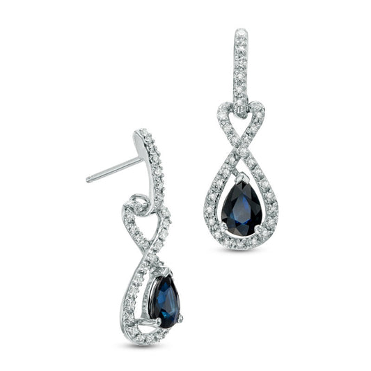 Pear-Shaped Blue Sapphire and 0.17 CT. T.W. Diamond Drop Earrings in 10K White Gold