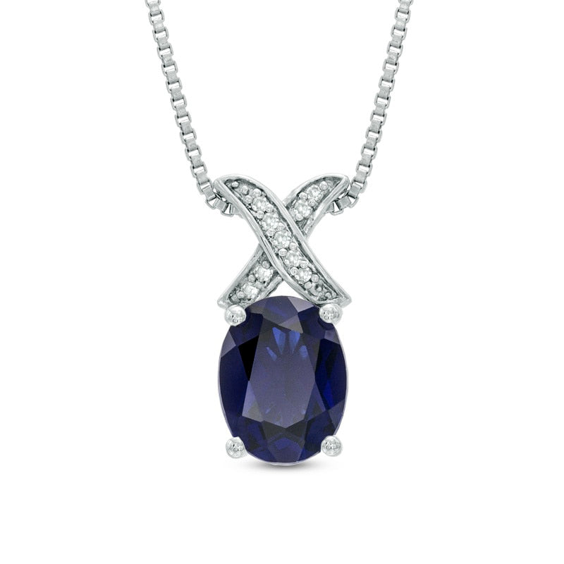 Oval Lab-Created Blue Sapphire and Diamond Accent X" Pendant in Sterling Silver"