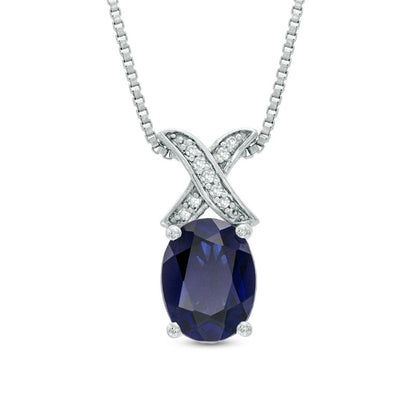 Oval Lab-Created Blue Sapphire and Diamond Accent X" Pendant in Sterling Silver"