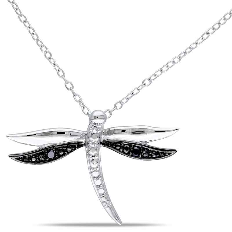 Enhanced Black Natural Diamond Accent Dragonfly Pendant in Two-Tone Sterling Silver